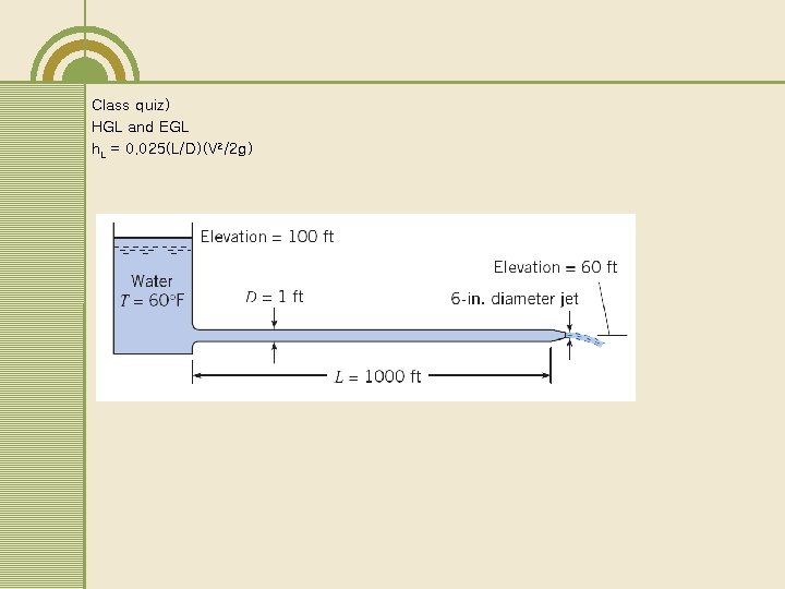 Class quiz) HGL and EGL h. L = 0. 025(L/D)(V 2/2 g) Class quiz) HGL and EGL h. L = 0. 025(L/D)(V 2/2 g)