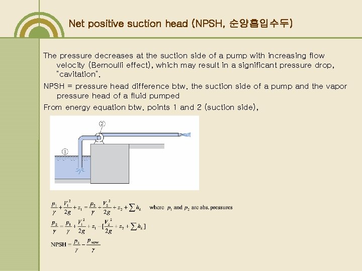 Net positive suction head (NPSH, 순양흡입수두) The pressure decreases at the suction side of Net positive suction head (NPSH, 순양흡입수두) The pressure decreases at the suction side of