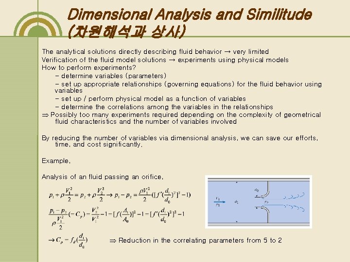 Dimensional Analysis and Similitude (차원해석과 상사) The analytical solutions directly describing fluid behavior → Dimensional Analysis and Similitude (차원해석과 상사) The analytical solutions directly describing fluid behavior →