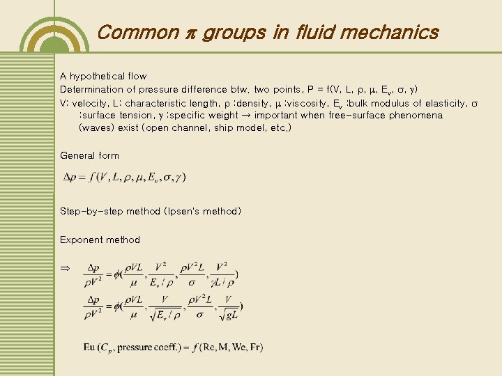 Common groups in fluid mechanics A hypothetical flow Determination of pressure difference btw. two Common groups in fluid mechanics A hypothetical flow Determination of pressure difference btw. two