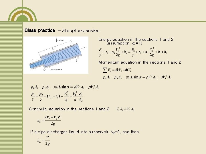 Class practice – Abrupt expansion Energy equation in the sections 1 and 2 (assumption, Class practice – Abrupt expansion Energy equation in the sections 1 and 2 (assumption,