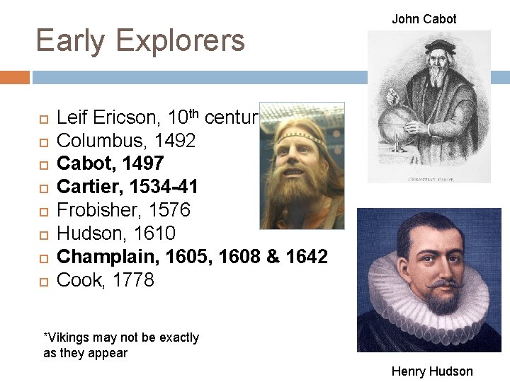 Early Explorers John Cabot Leif Ericson, 10 th century Columbus, 1492 Cabot, 1497 Cartier,