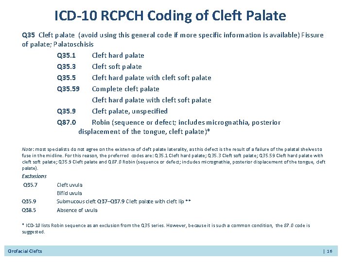 ICD-10 RCPCH Coding of Cleft Palate Q 35 Cleft palate (avoid using this general