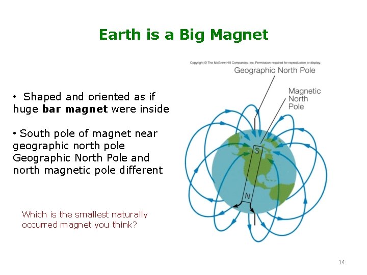 Earth is a Big Magnet • Shaped and oriented as if huge bar magnet