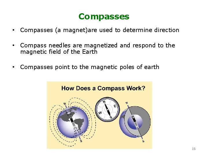 Compasses • Compasses (a magnet)are used to determine direction • Compass needles are magnetized