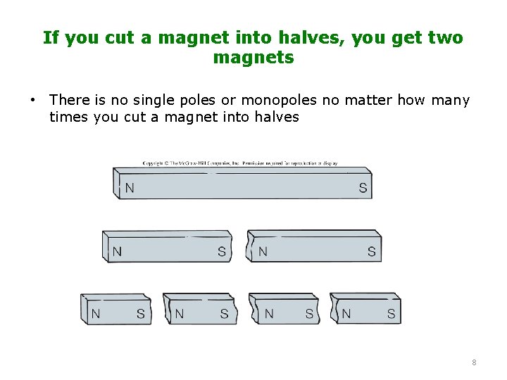 If you cut a magnet into halves, you get two magnets • There is