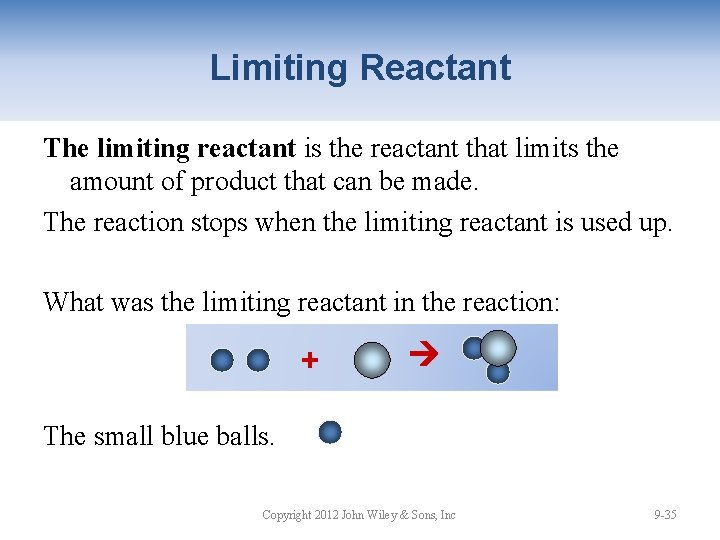 Limiting Reactant The limiting reactant is the reactant that limits the amount of product