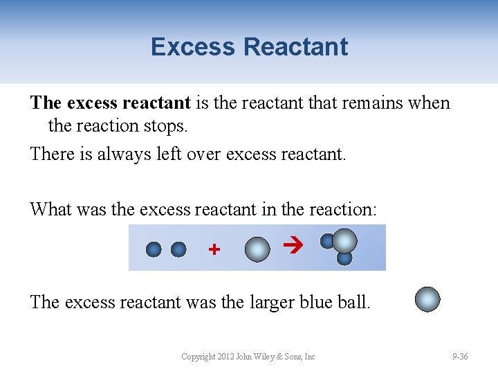 Excess Reactant The excess reactant is the reactant that remains when the reaction stops.