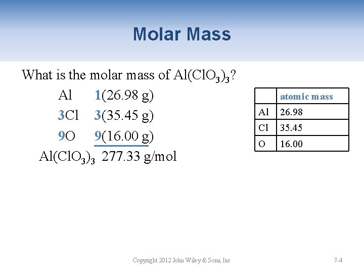 Molar Mass What is the molar mass of Al(Cl. O 3)3? Al 1(26. 98