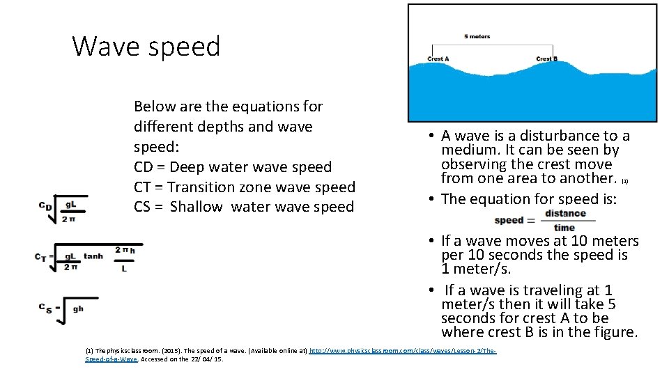 Wave speed Below are the equations for different depths and wave speed: CD =