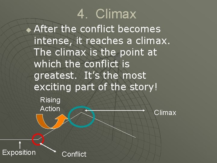 4. Climax u After the conflict becomes intense, it reaches a climax. The climax 4. Climax u After the conflict becomes intense, it reaches a climax. The climax