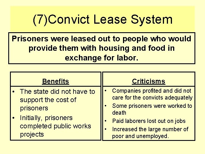 (7)Convict Lease System Prisoners were leased out to people who would provide them with