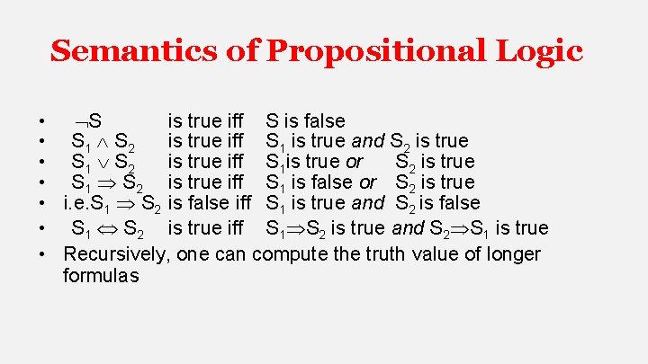 Semantics of Propositional Logic • S is true iff S is false • S