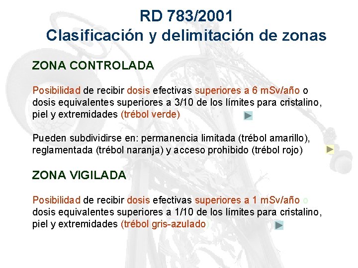RD 783/2001 Clasificación y delimitación de zonas ZONA CONTROLADA Posibilidad de recibir dosis efectivas