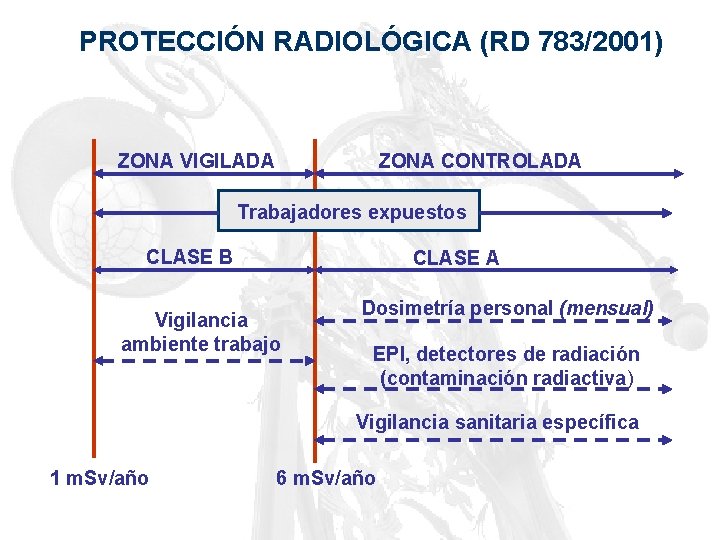 PROTECCIÓN RADIOLÓGICA (RD 783/2001) ZONA VIGILADA ZONA CONTROLADA Trabajadores expuestos CLASE B CLASE A