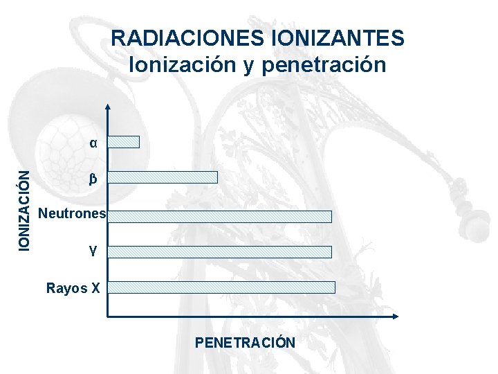 RADIACIONES IONIZANTES Ionización y penetración IONIZACIÓN α β Neutrones γ Rayos X PENETRACIÓN 