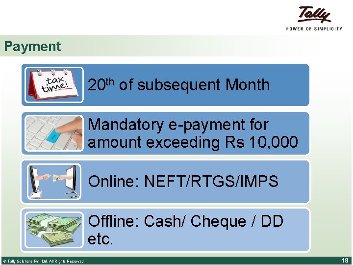 Payment 20 th of subsequent Month Mandatory e-payment for amount exceeding Rs 10, 000