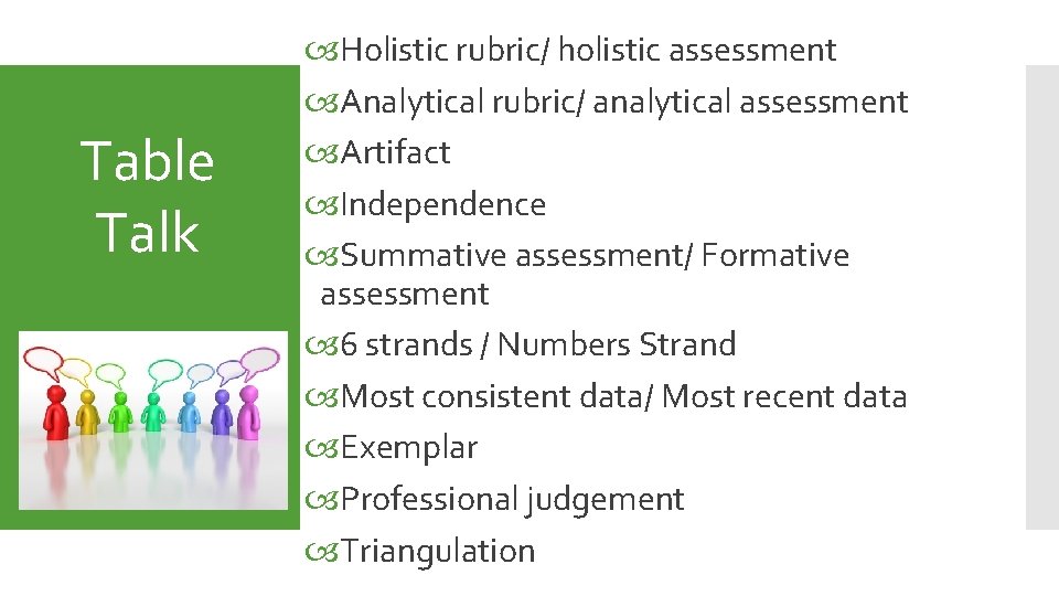 Table Talk Holistic rubric/ holistic assessment Checking rubric/ in Analytical assessment Artifact Independence Summative