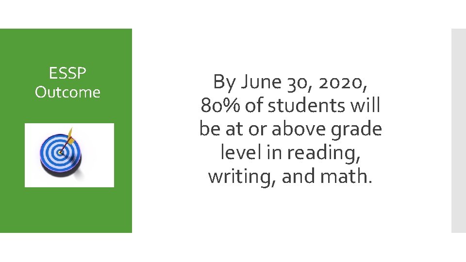 ESSP Outcome By June 30, 2020, 80% of students will be at or above