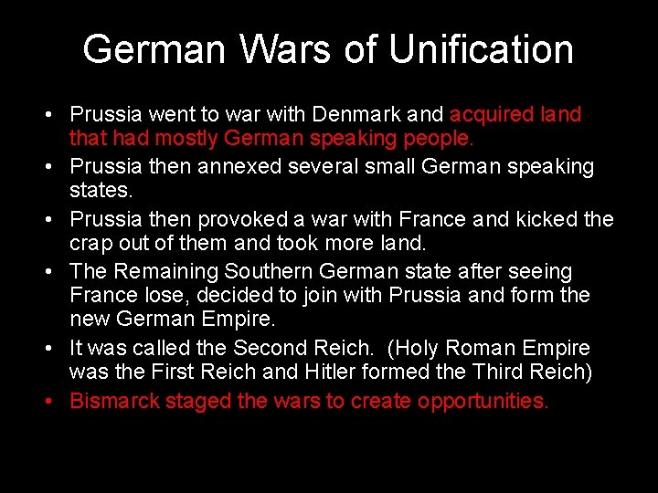 German Wars of Unification • Prussia went to war with Denmark and acquired land