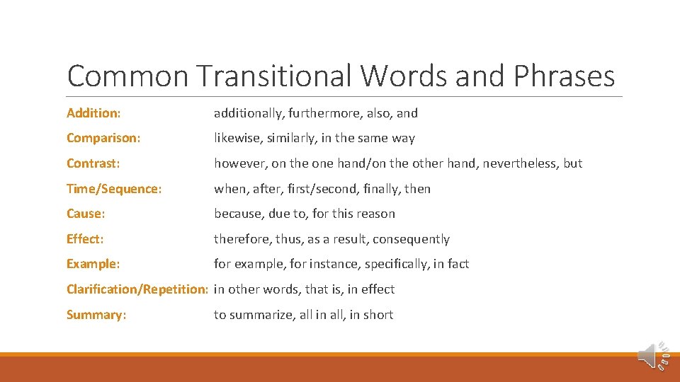 Common Transitional Words and Phrases Addition: additionally, furthermore, also, and Comparison: likewise, similarly, in