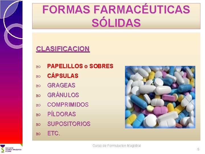 FORMAS FARMACÉUTICAS SÓLIDAS CLASIFICACION PAPELILLOS o SOBRES CÁPSULAS GRAGEAS GRÁNULOS COMPRIMIDOS PÍLDORAS SUPOSITORIOS ETC.