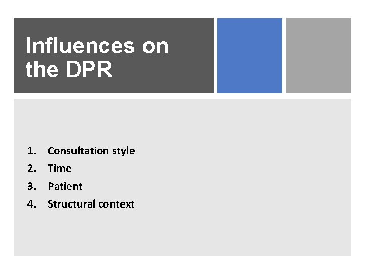 Influences on the DPR 1. 2. 3. 4. Consultation style Time Patient Structural context