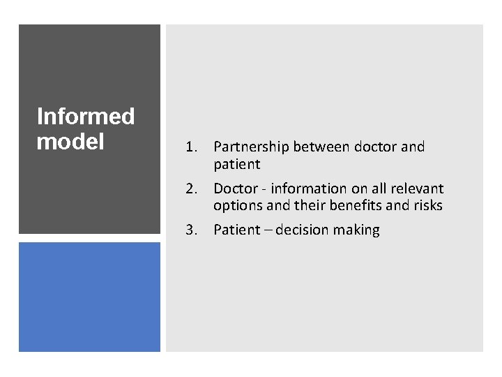 Informed model 1. Partnership between doctor and patient 2. Doctor - information on all