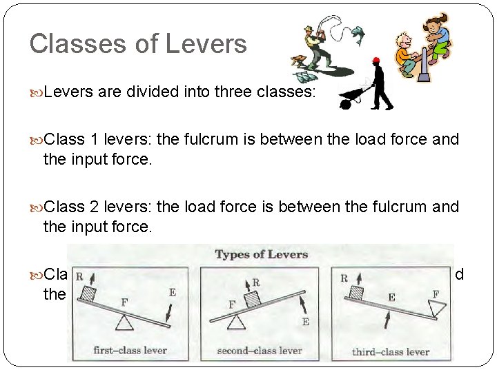 Classes of Levers are divided into three classes: Class 1 levers: the fulcrum is