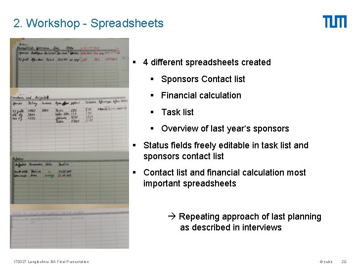 2. Workshop - Spreadsheets § 4 different spreadsheets created § Sponsors Contact list §