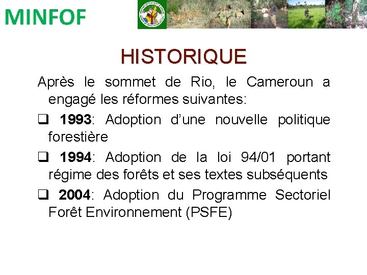 HISTORIQUE Après le sommet de Rio, le Cameroun a engagé les réformes suivantes: q
