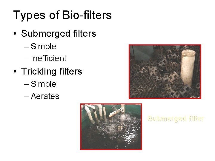 Types of Bio-filters • Submerged filters – Simple – Inefficient • Trickling filters –