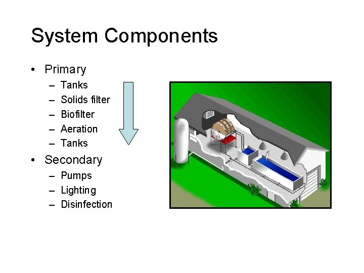 System Components • Primary – – – Tanks Solids filter Biofilter Aeration Tanks •