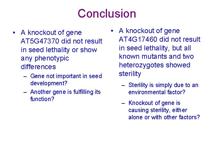 Conclusion • A knockout of gene AT 5 G 47370 did not result in