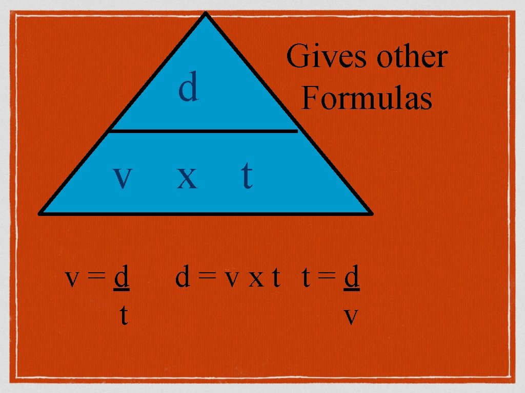 Gives other Formulas d v v=d t x t d=vxt t=d v 