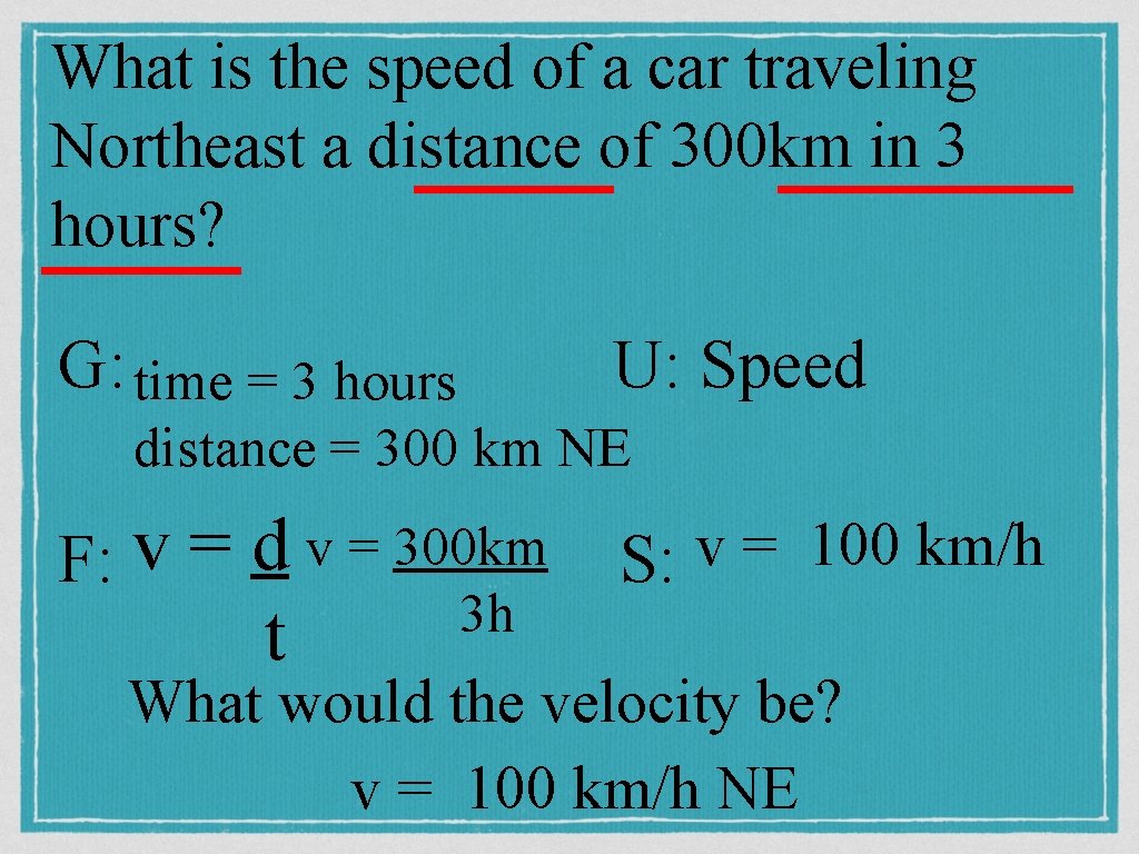What is the speed of a car traveling Northeast a distance of 300 km