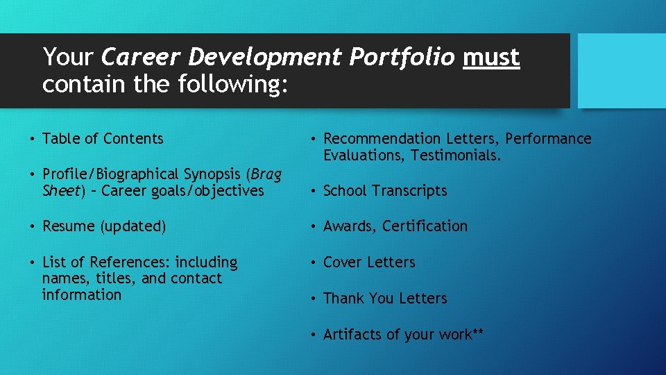 Your Career Development Portfolio must contain the following: • Table of Contents • Recommendation