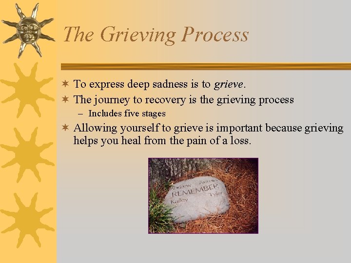 The Grieving Process ¬ To express deep sadness is to grieve. ¬ The journey