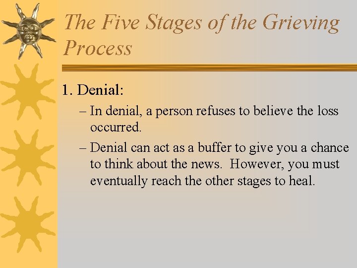 The Five Stages of the Grieving Process 1. Denial: – In denial, a person