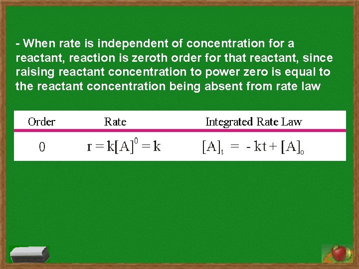 - When rate is independent of concentration for a reactant, reaction is zeroth order