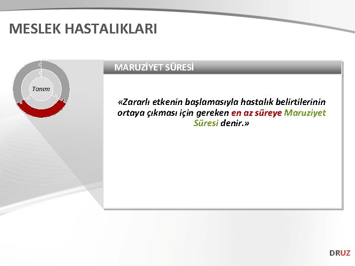 MESLEK HASTALIKLARI MARUZİYET SÜRESİ Tanım «Zararlı etkenin başlamasıyla hastalık belirtilerinin ortaya çıkması için gereken
