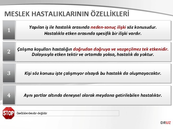 MESLEK HASTALIKLARININ ÖZELLİKLERİ 1 Yapılan iş ile hastalık arasında neden-sonuç ilişki söz konusudur. Hastalıkla