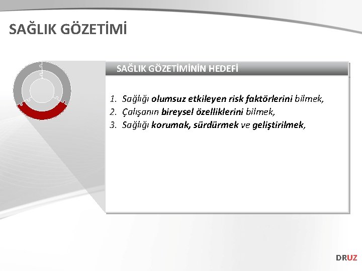 SAĞLIK GÖZETİMİNİN HEDEFİ 1. Sağlığı olumsuz etkileyen risk faktörlerini bilmek, 2. Çalışanın bireysel özelliklerini