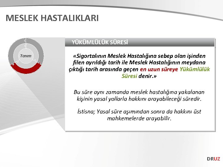 MESLEK HASTALIKLARI YÜKÜMLÜLÜK SÜRESİ Tanım «Sigortalının Meslek Hastalığına sebep olan işinden filen ayrıldığı tarih