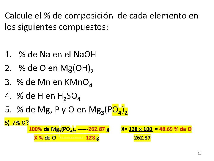 Calcule el % de composición de cada elemento en los siguientes compuestos: 1. 2.