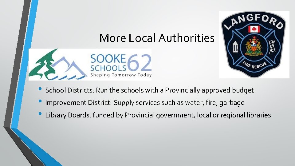 More Local Authorities • School Districts: Run the schools with a Provincially approved budget More Local Authorities • School Districts: Run the schools with a Provincially approved budget