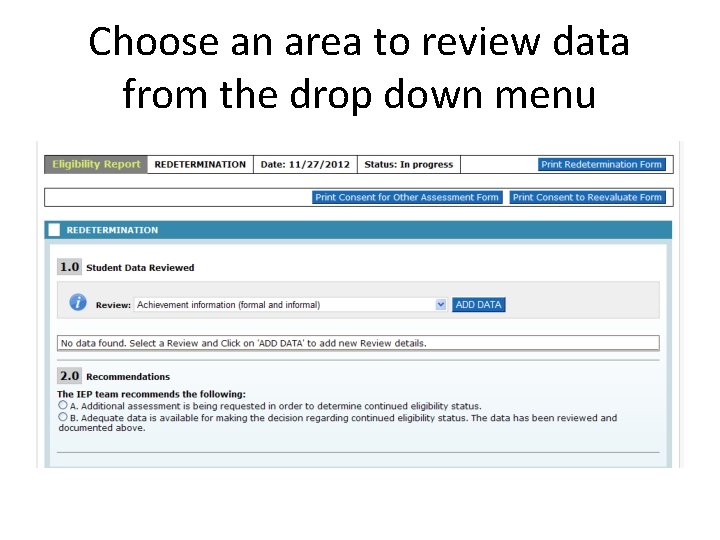 Choose an area to review data from the drop down menu Choose an area to review data from the drop down menu