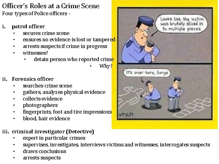 Officer’s Roles at a Crime Scene Four types of Police officers – i. patrol