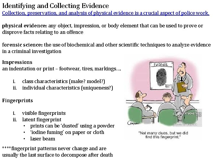 Identifying and Collecting Evidence Collection, preservation, and analysis of physical evidence is a crucial