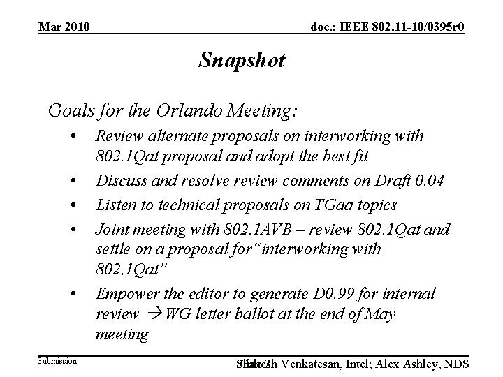 Mar 2010 doc. : IEEE 802. 11 -10/0395 r 0 Snapshot Goals for the